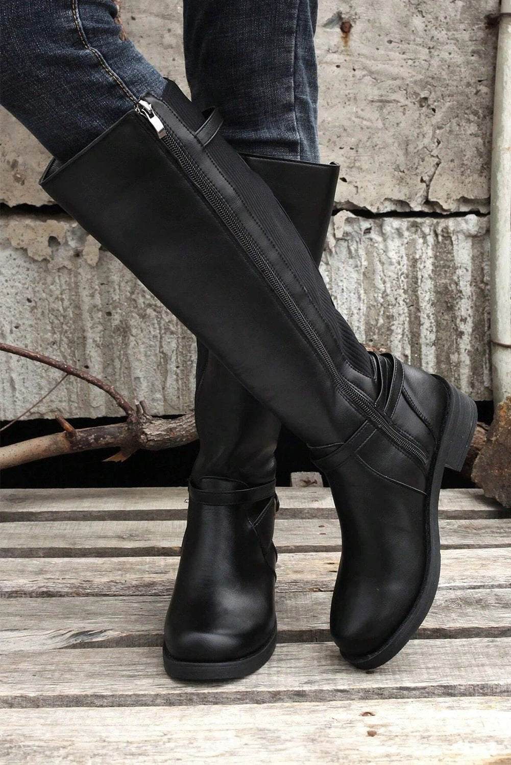 Main Character Energy side zip knee-high boots with chunky low heel in black PU leather