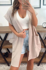 Cozy Chic ribbed pocketed short sleeve open front cardigan in khaki color