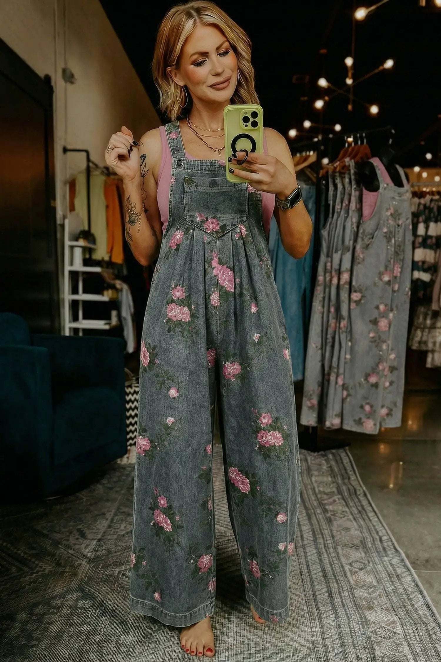 Floral Denim Jumpsuit with pleated high-waist and wide-leg silhouette