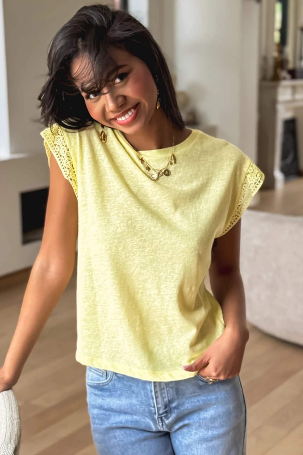 yellow cream lace patchwork cap sleeve round neck t shirt for women casual everyday outfit