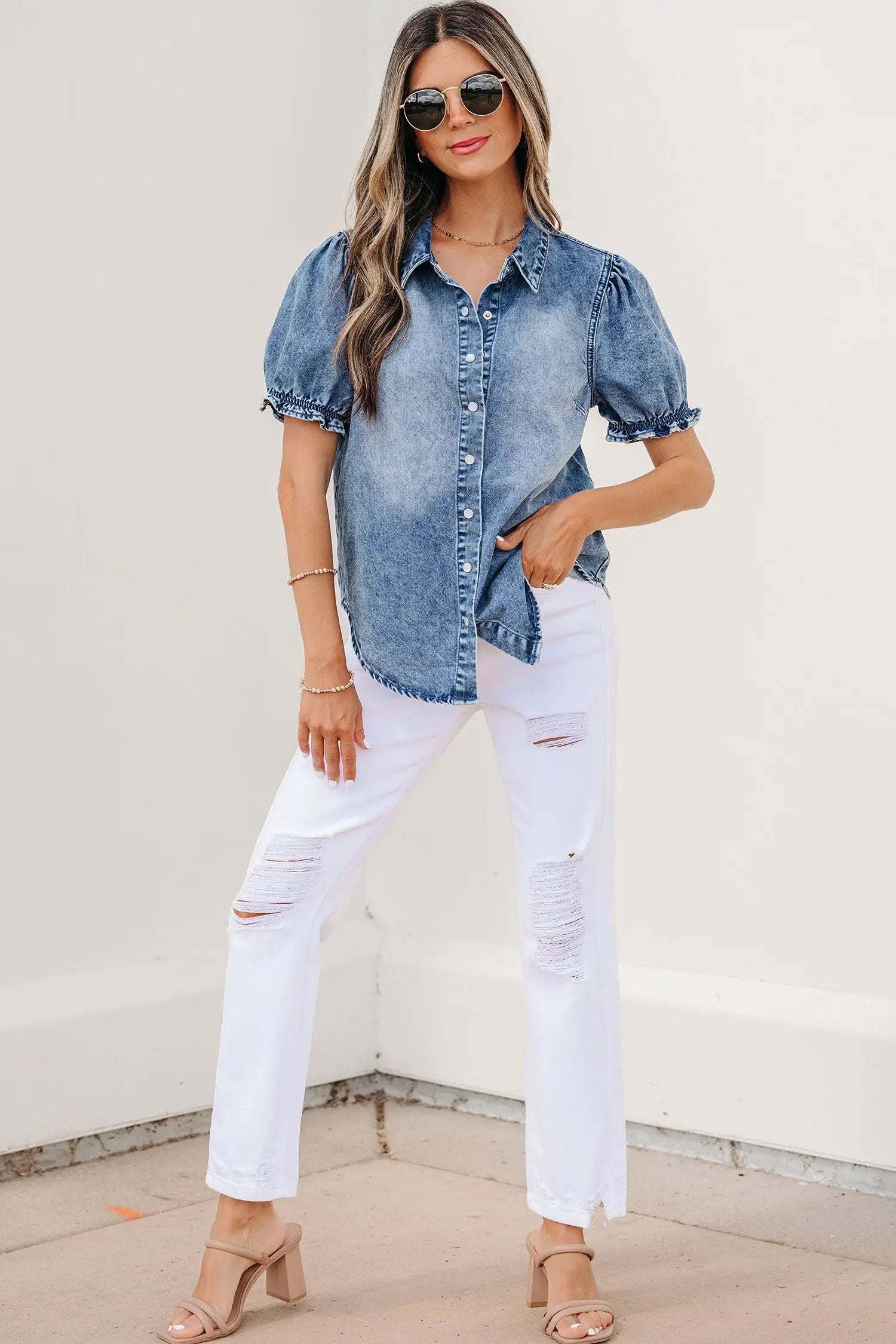 Blue denim Western Chic shirt with frilled short sleeves and snap buttons