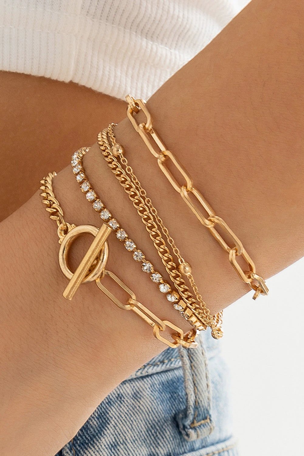 gold multi layered rhinestone plated chain bracelet set for women casual everyday outfit