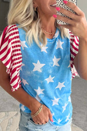Patriotic Ruffle Sleeve Top with star print striped detail and ruffle sleeves