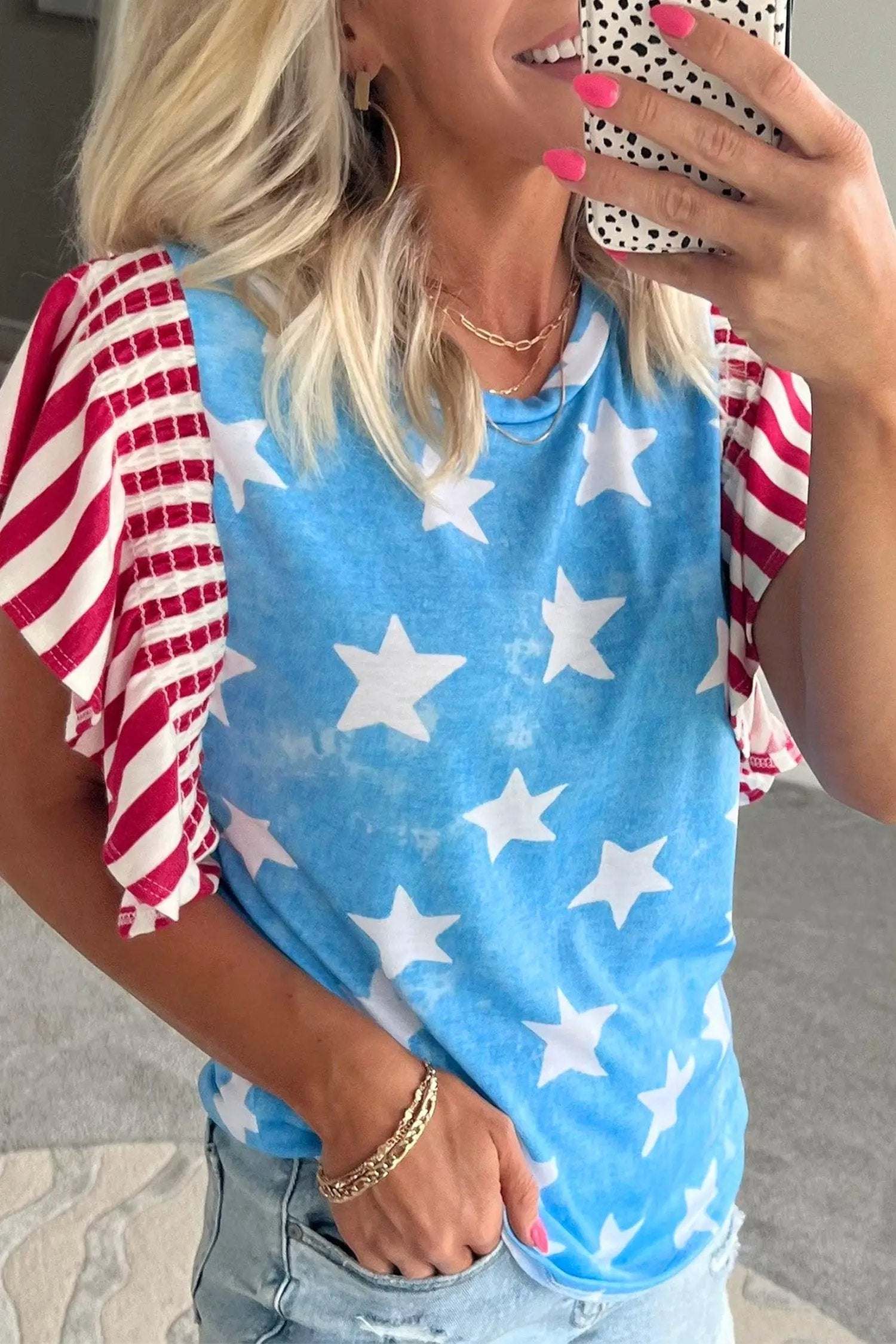 Patriotic Ruffle Sleeve Top with star print striped detail and ruffle sleeves
