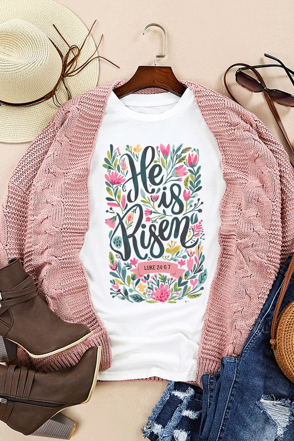 white he is risen floral printed t shirt for women casual everyday outfit