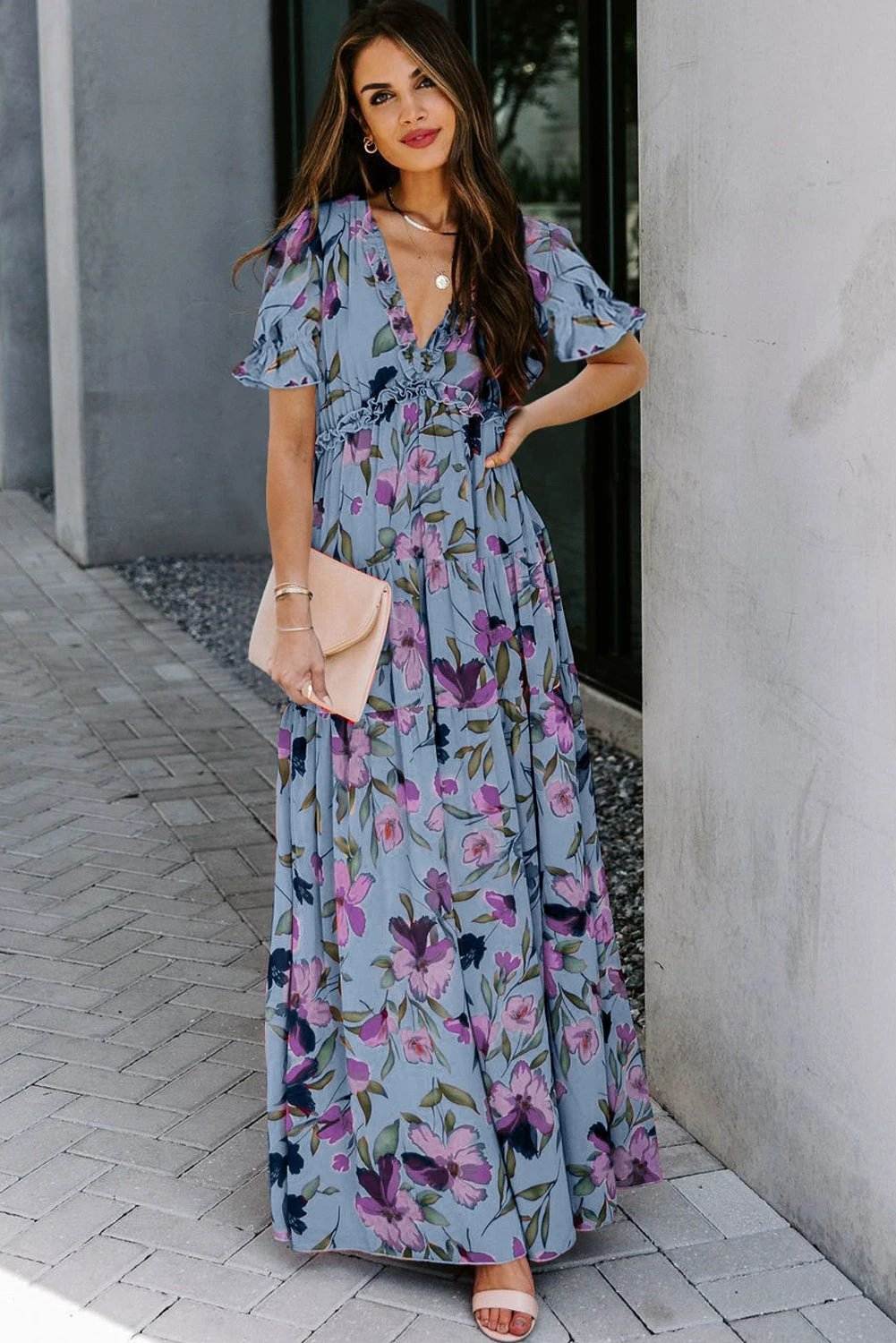 sky blue fiery floral print frilled v neck short sleeve maxi dress for women casual everyday outfit
