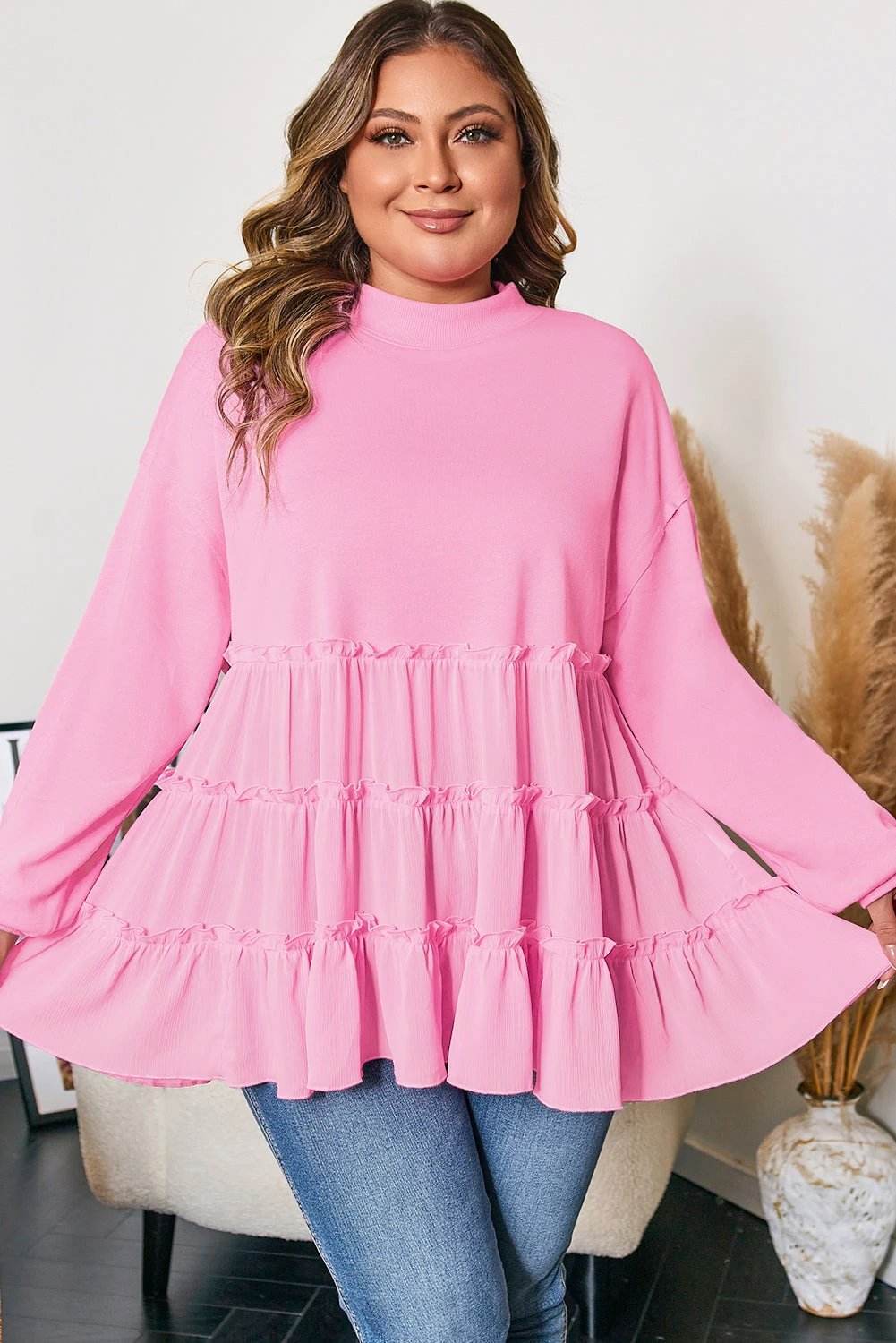 Dear-Lover Dropshipping Pink Tiered Ruffle Ribbed Crew Neck Pullover Plus Size Top - Plus Size/Plus Size Tops/Plus Size Blouses & Shirts