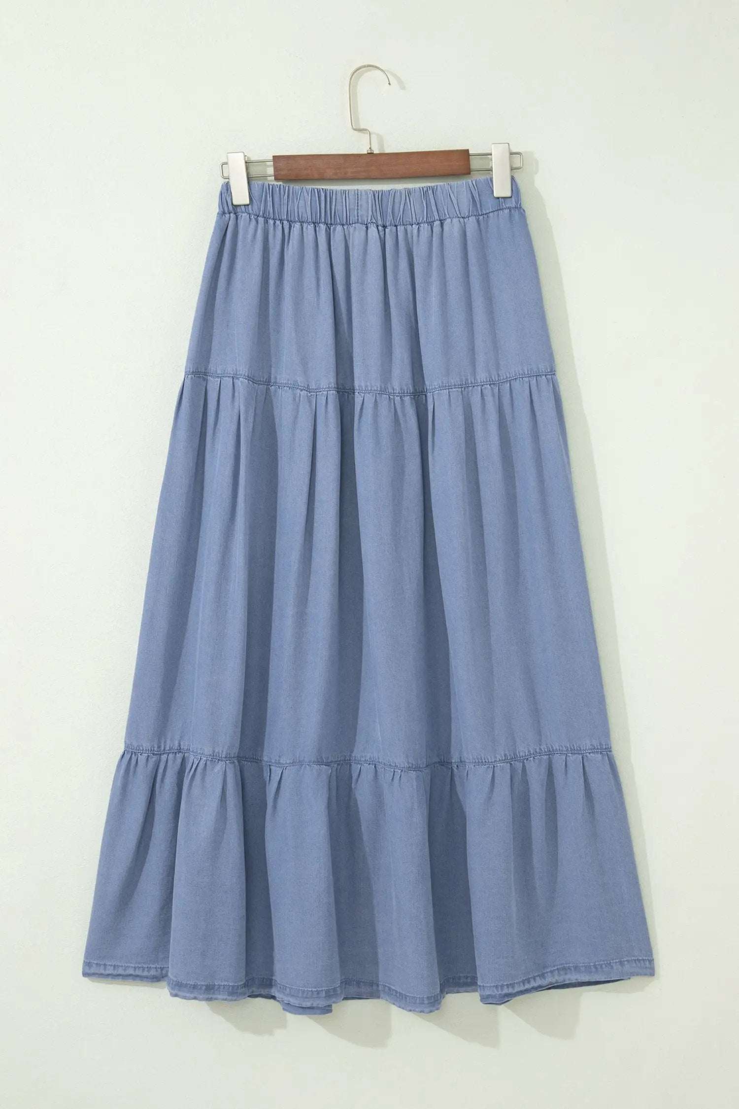 Dear-Lover Dropshipping Western Boho Glow | Denim Maxi Skirt With Elastic Waist, Tiered Ruffles And Flared Hem - Skirts Bottoms/Skirts & Petticoat