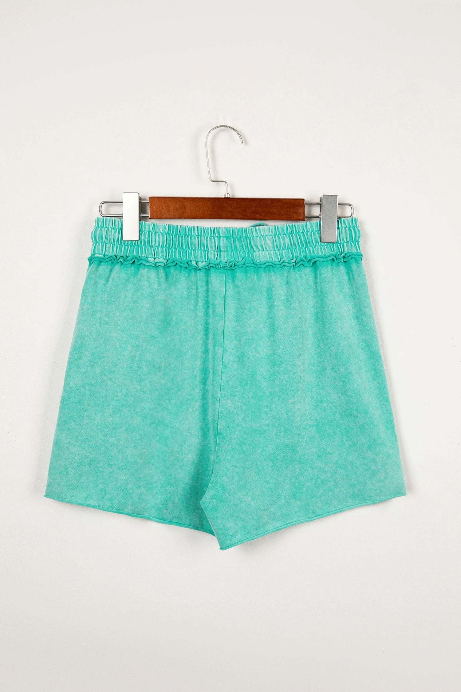 sea green mineral washed drawstring elastic waist raw cut shorts for women casual everyday outfit