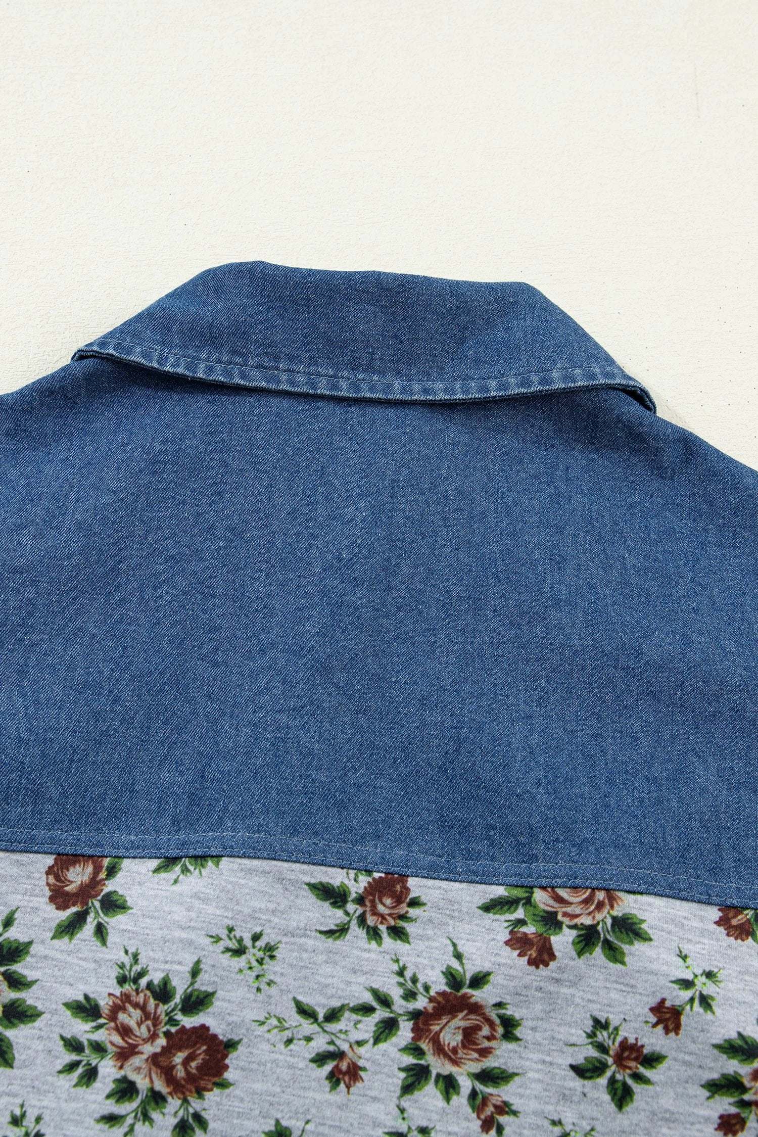 gray retro floral print denim patchwork buttoned polo collar top for women casual everyday outfit