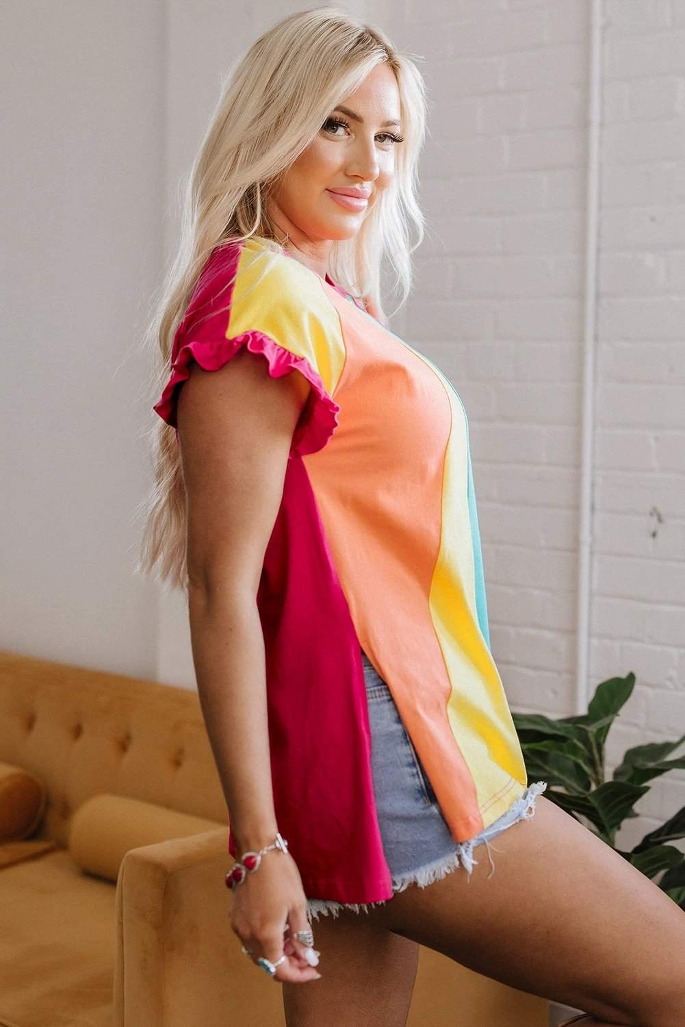 rose red Colorblock ruffled crew neck loose fit t shirt for women casual everyday outfit