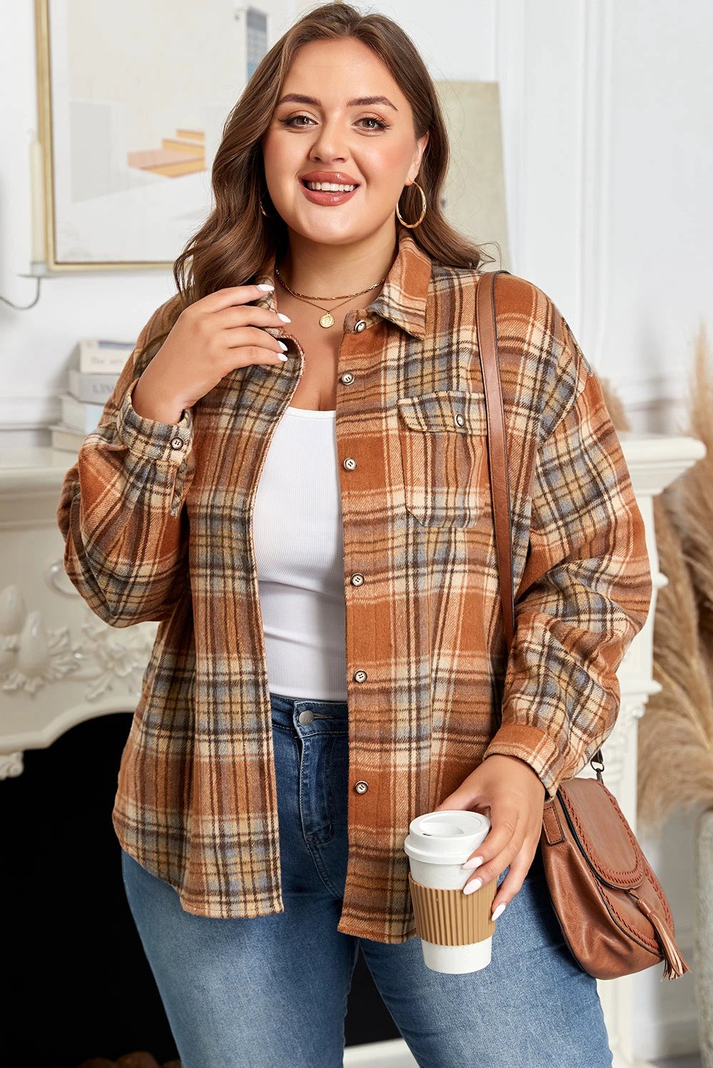 brown plaid print flap pocket buttoned plus size shacket for women casual everyday outfit