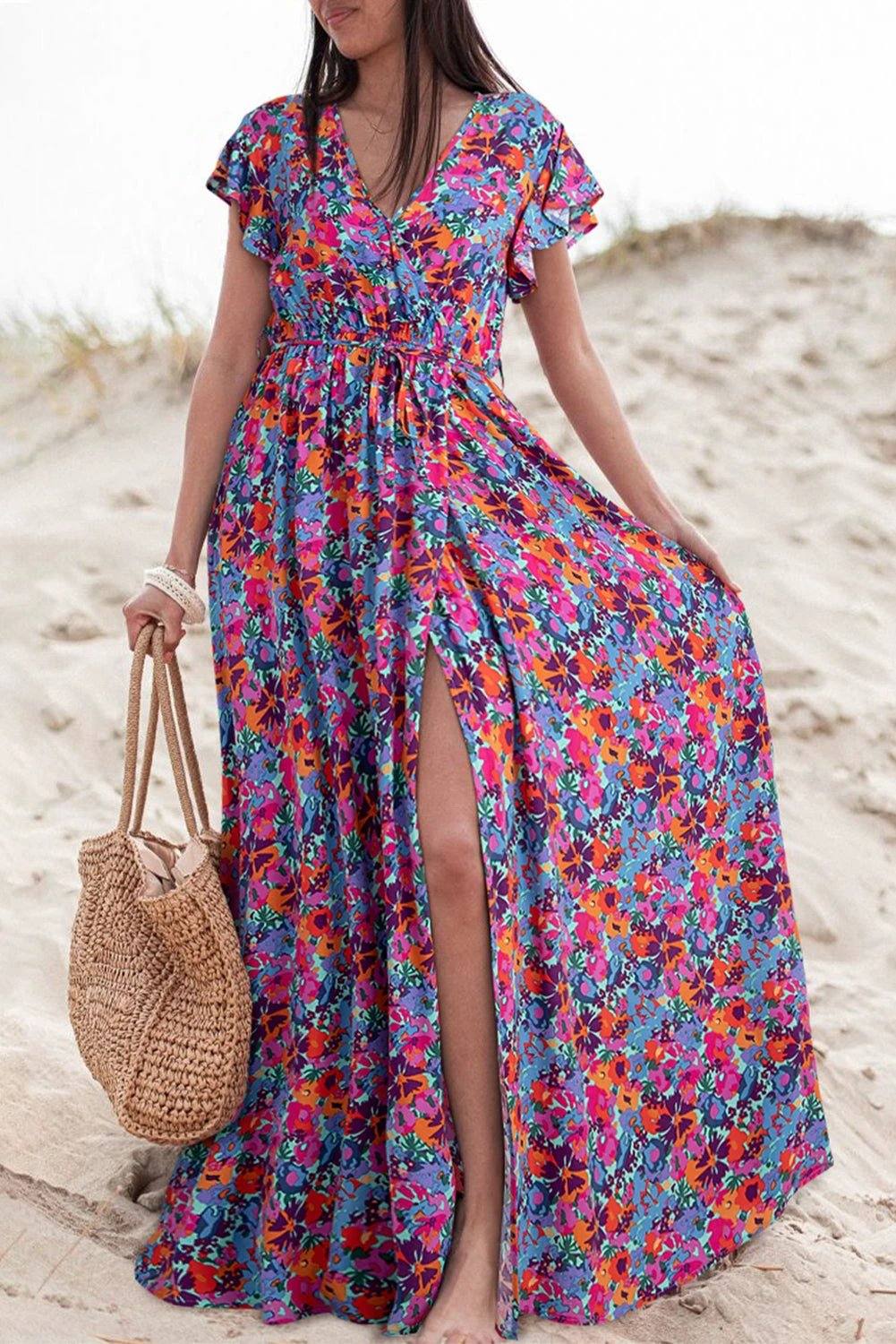 blue floral print v neck wrap split maxi dress for women casual everyday outfit
