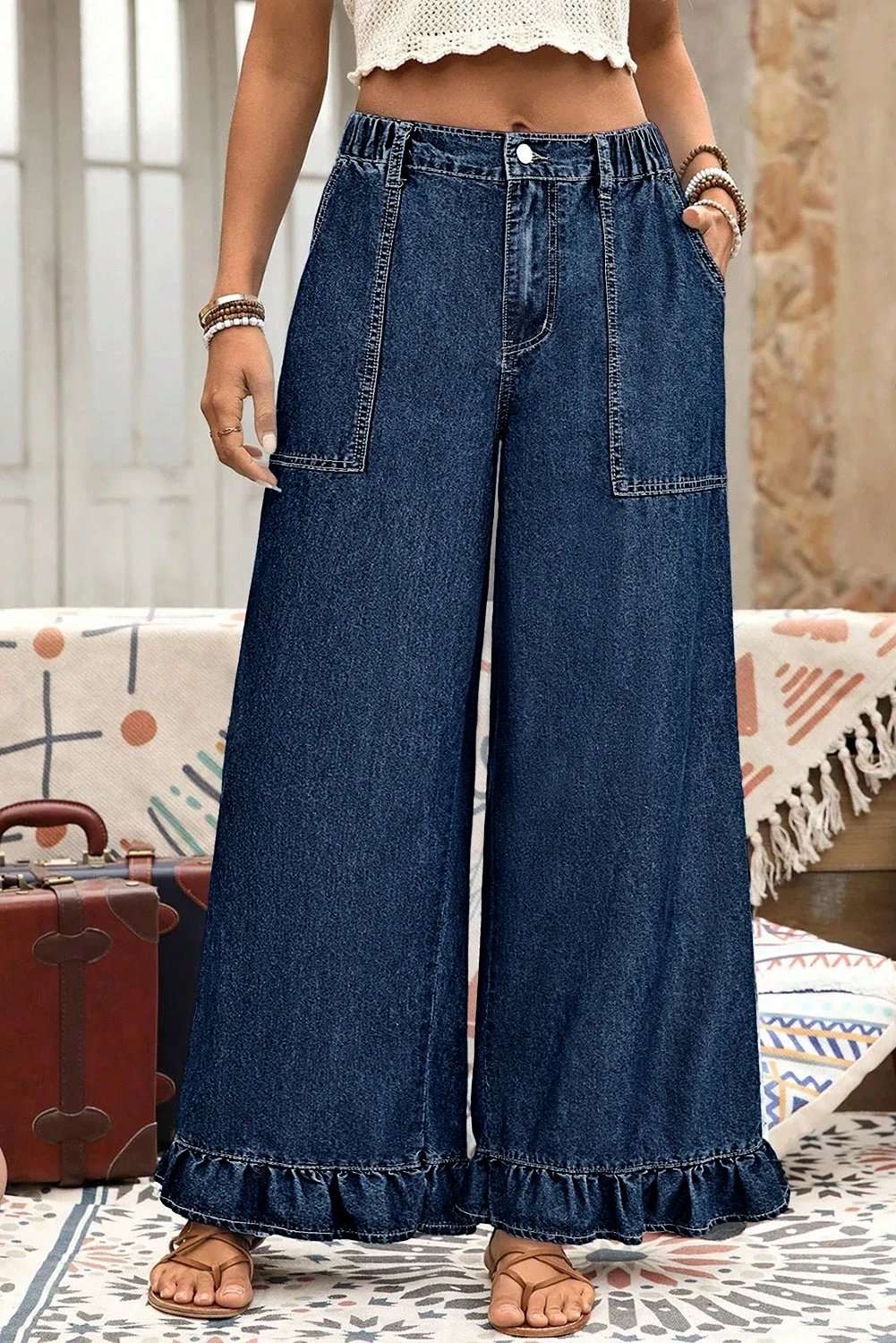 Plus Size Wide Leg Denim Pants with elastic waist and ruffled detail
