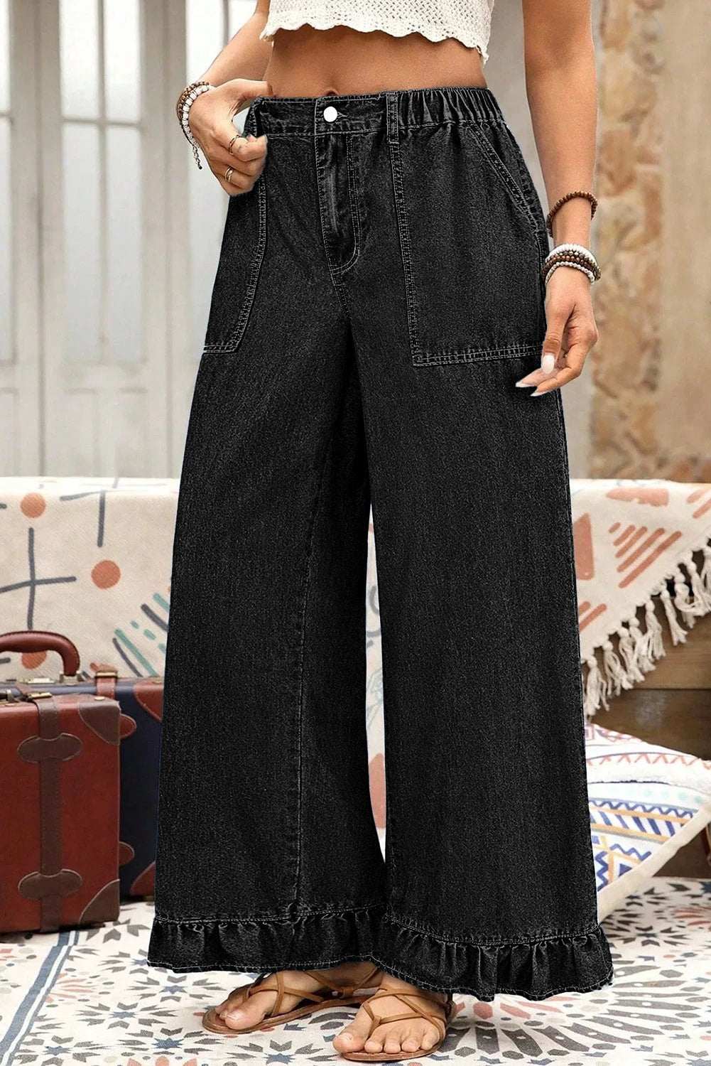 Plus Size Wide Leg Denim Pants with elastic waist and ruffled detail