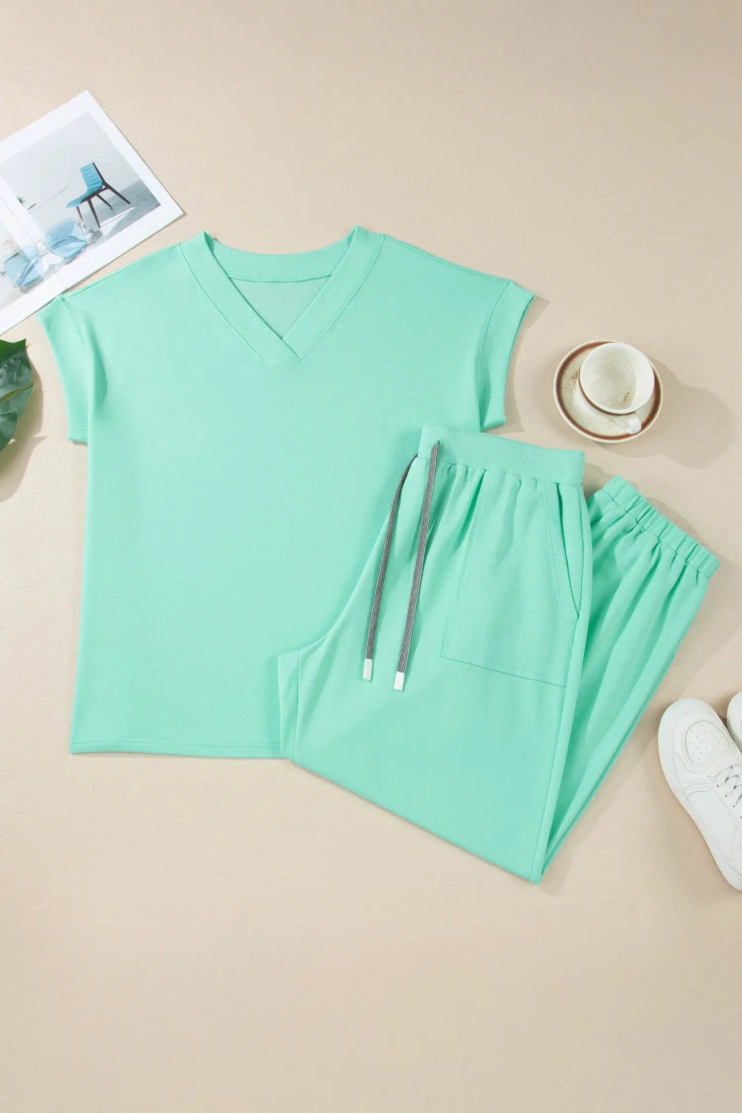 Dear-Lover Dropshipping Mint Green Solid V-Neck Tee and Drawstring Plus Size Pants Set - Plus Size/Plus Size Loungewear