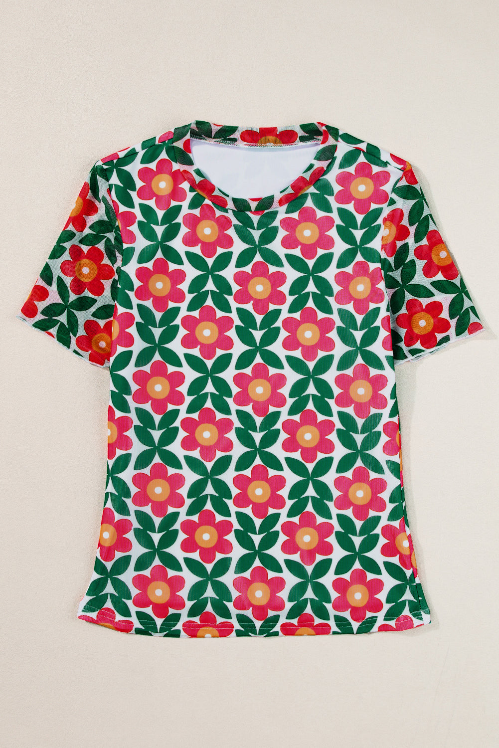 Retro Floral Print Crew Neck T-Shirt — women's casual tee | J&H Apparel