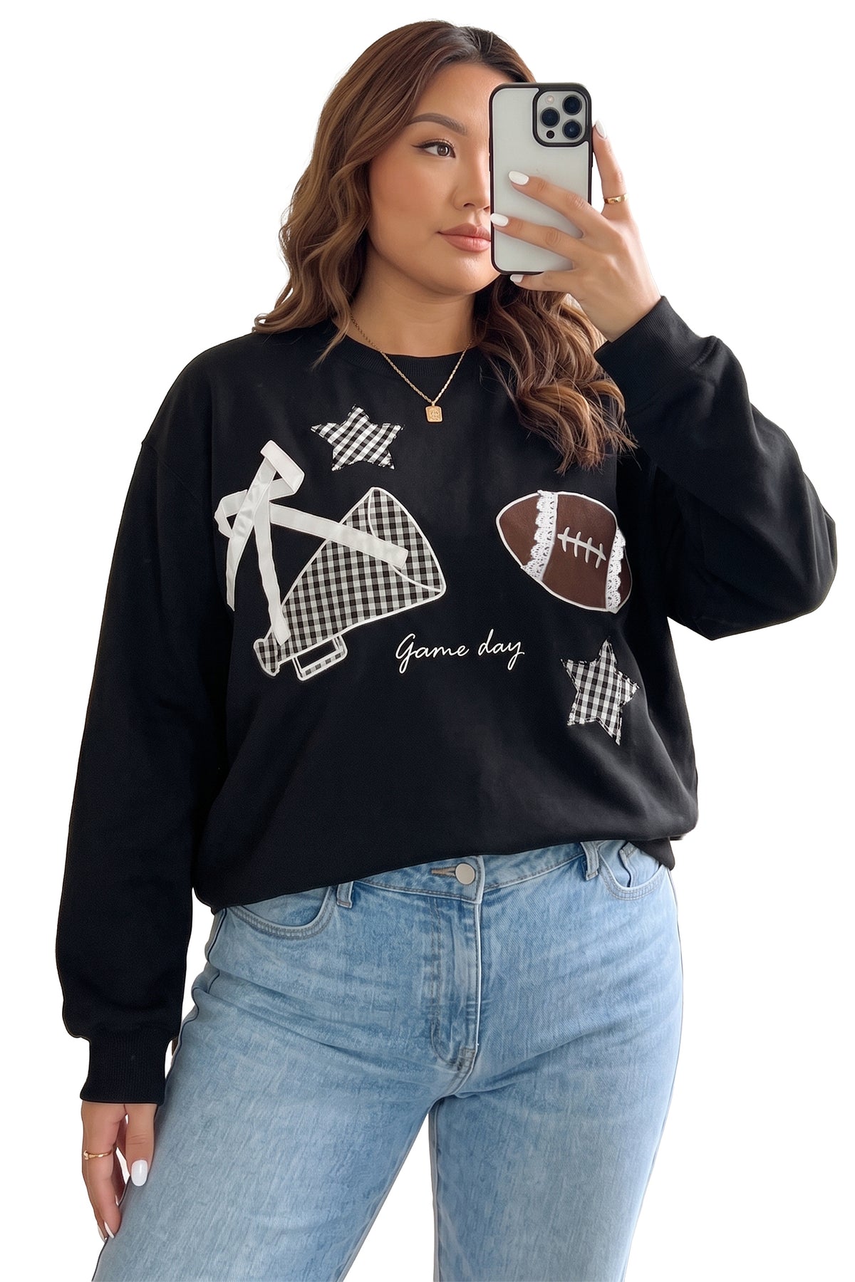 Black Rugby Game Day Patchwork Graphic Plus Size Sweatshirt