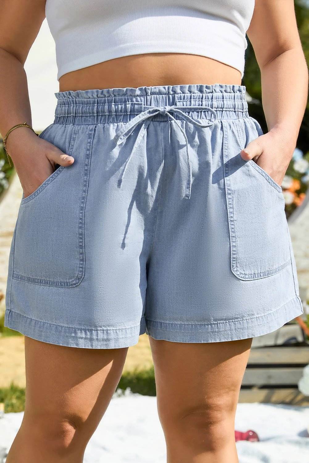 Plus size Chic Mom Energy high waist denim shorts with pockets and drawstring