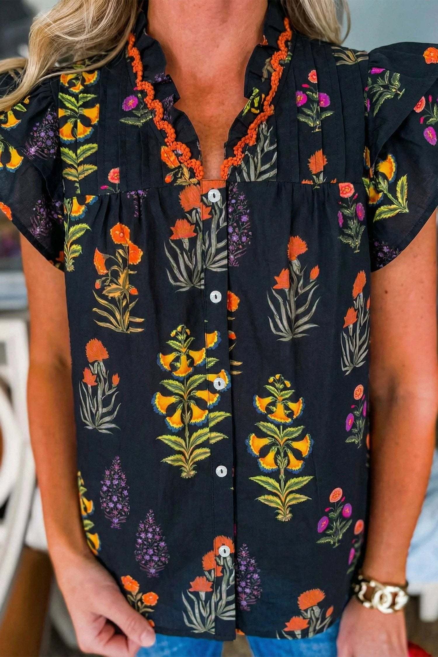 black floral print lace trim frilled v neck short sleeve shirt for women casual everyday outfit