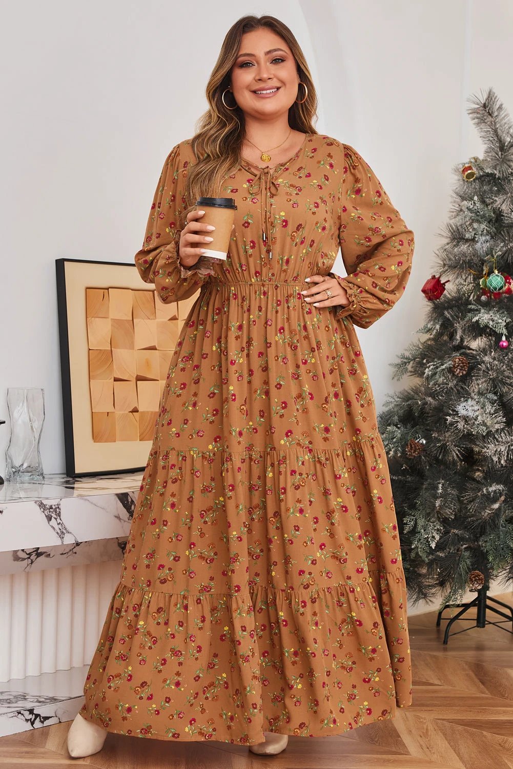 brown plus size floral split v neck ruffled sleeve tiered maxi dress for women casual everyday outfit