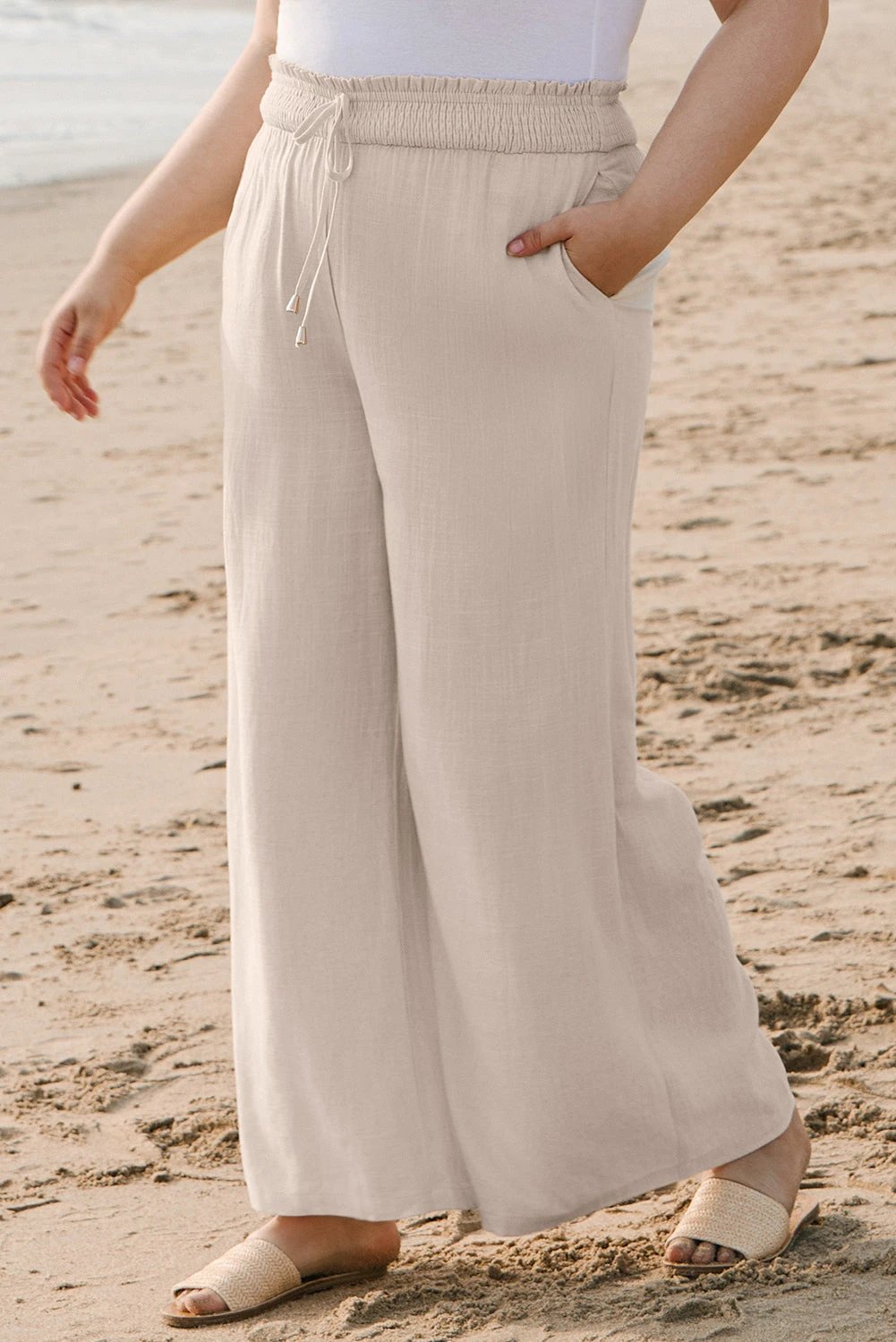 beige smocked high waist wide leg plus size pants for women casual everyday outfit