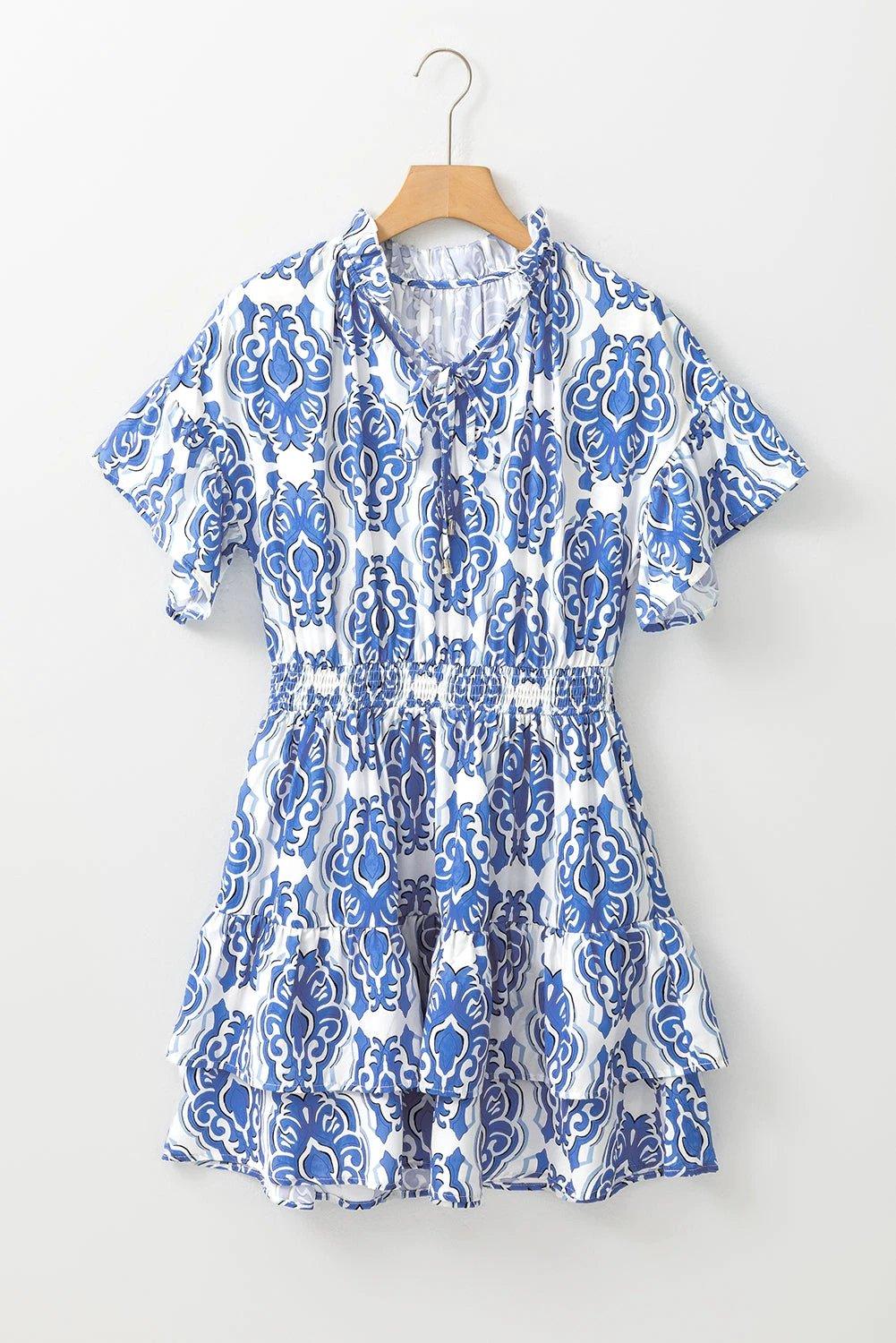 Denim blue vintage floral print wide ruffled sleeve dress for women casual everyday outfit