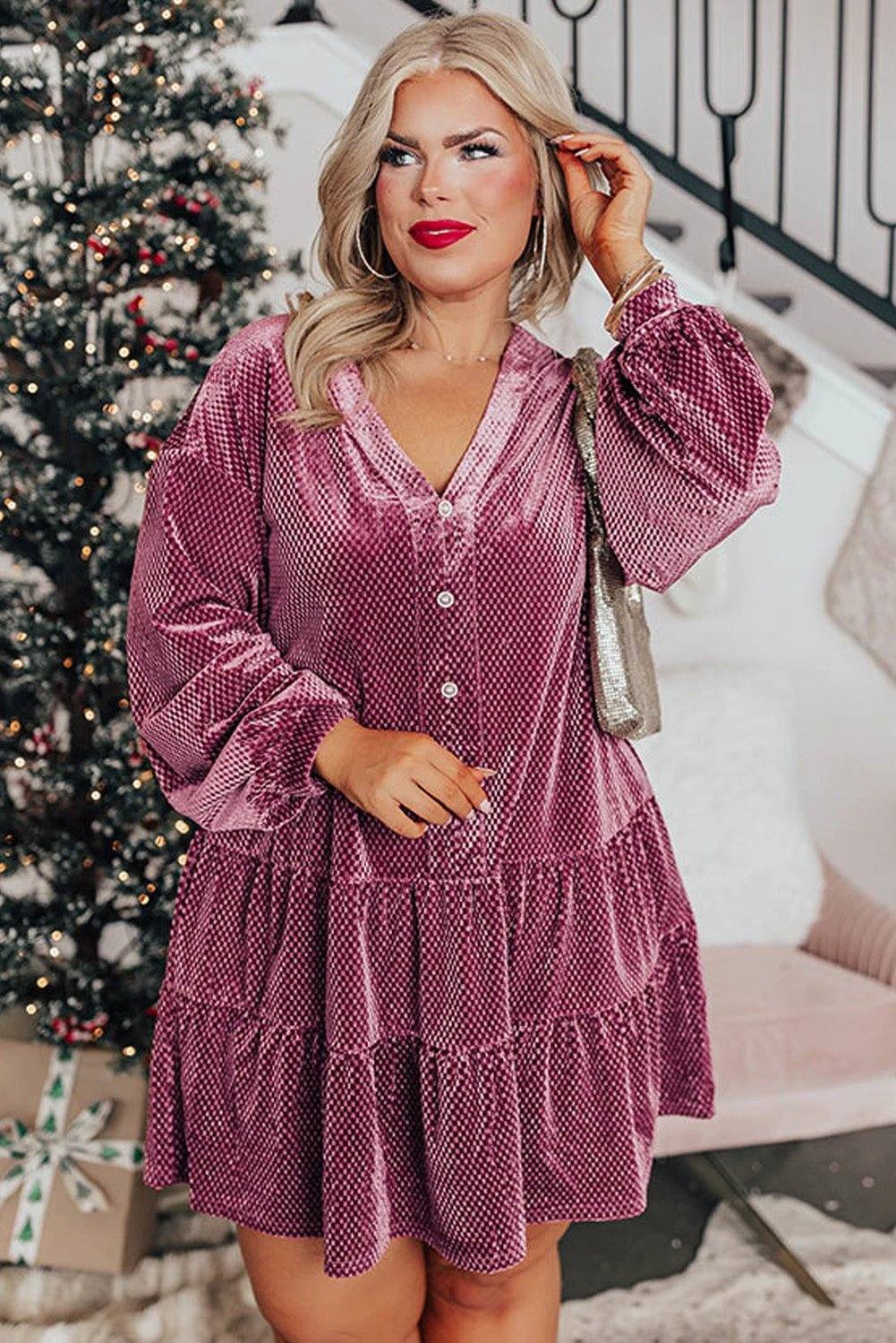 Plus size textured velvet tiered dress in meadow mauve with front buttons and relaxed A-line fit