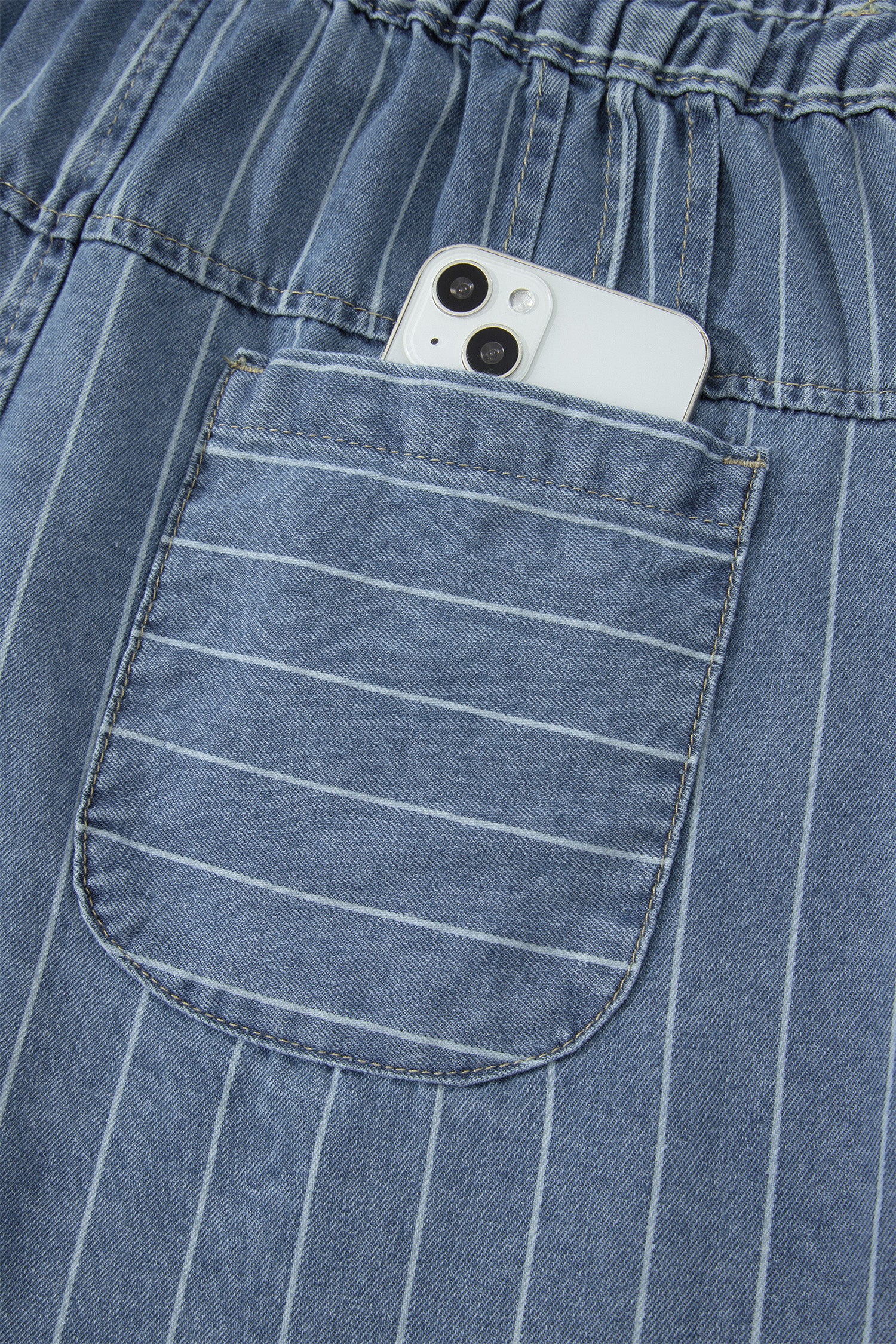 Stripe Drawstring Button Pleated High-Waisted Denim Shorts — women's everyday bottoms | J&H Apparel