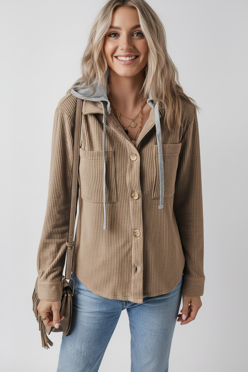 Hooded Drawstring Pockets Corduroy Shacket