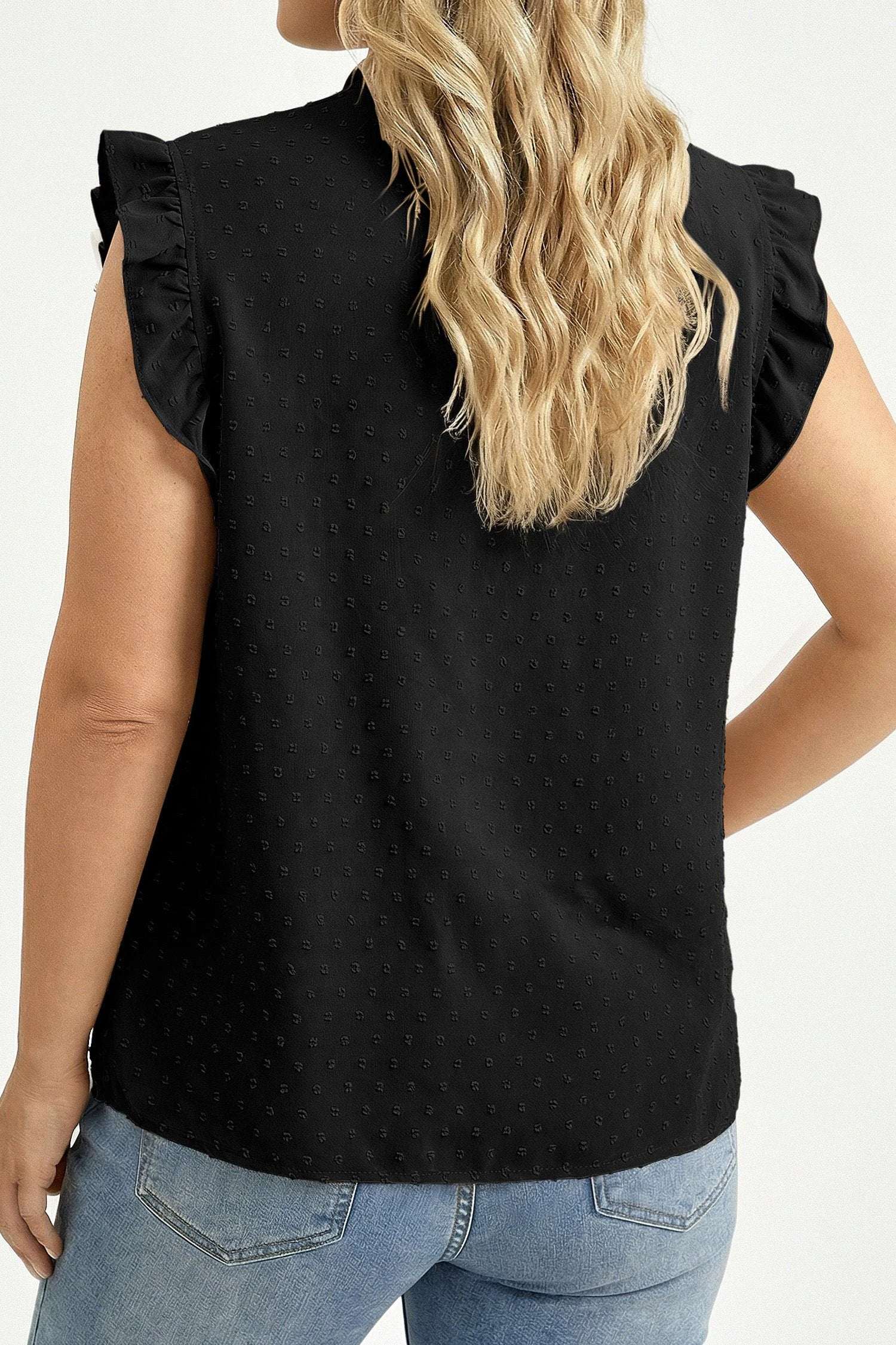 black plus size swiss dot ruffle lace trim v neck tank top for women casual everyday outfit