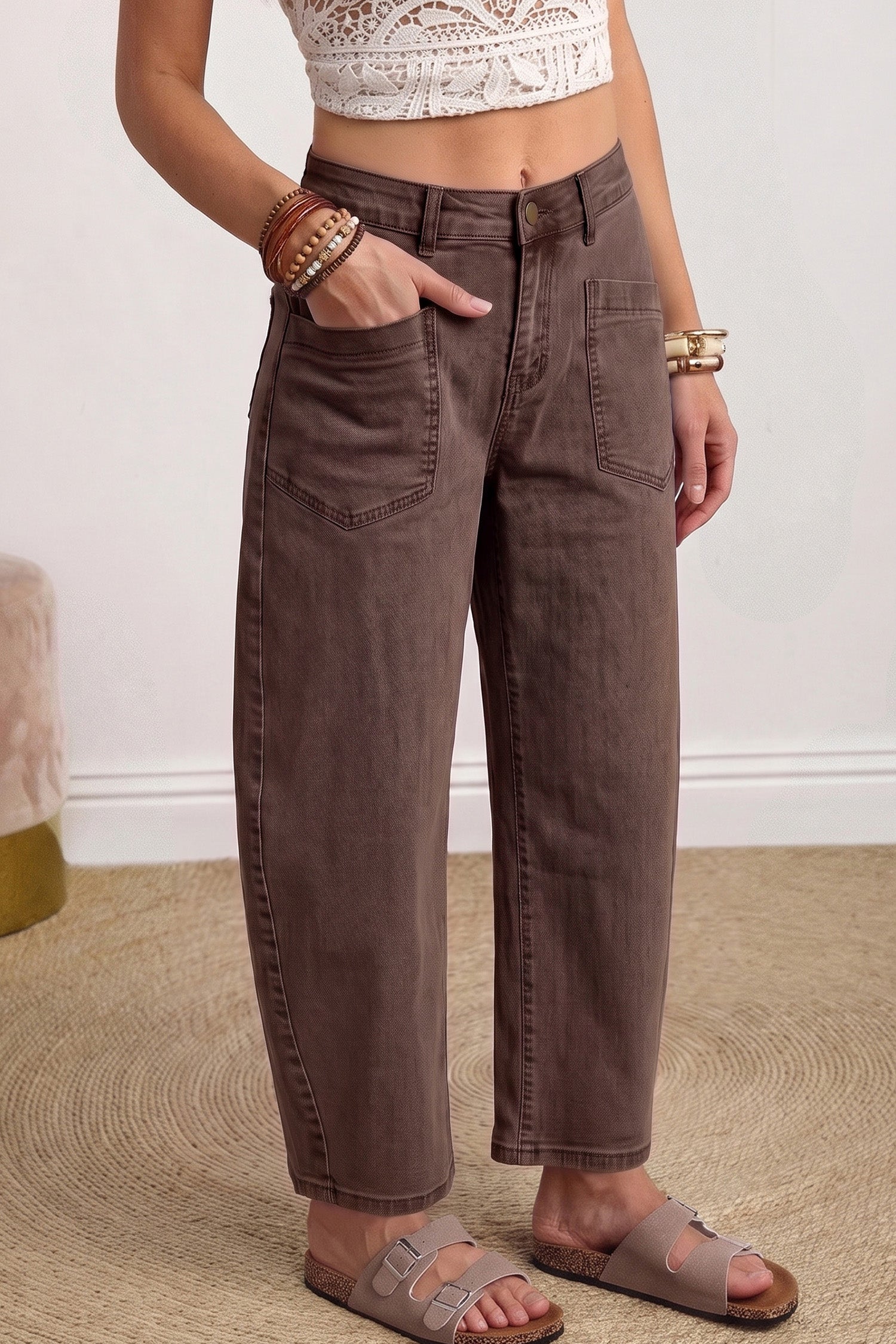 Solid Color Square Patch Pocket Ankle-length Barrel Jeans