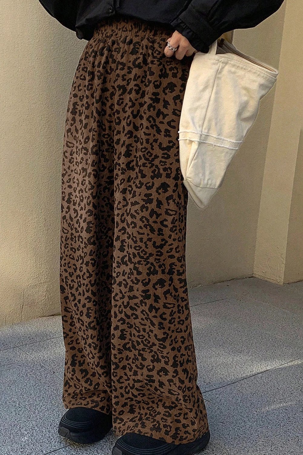 dark brown leopard print elastic high waist loose corduroy pants for women casual everyday outfit