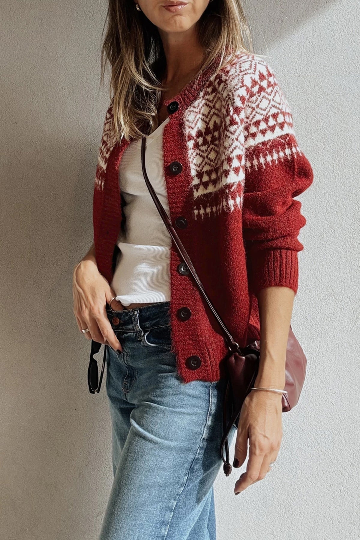 Geometric Print Button Front Long Sleeve Knitwear Cardigan