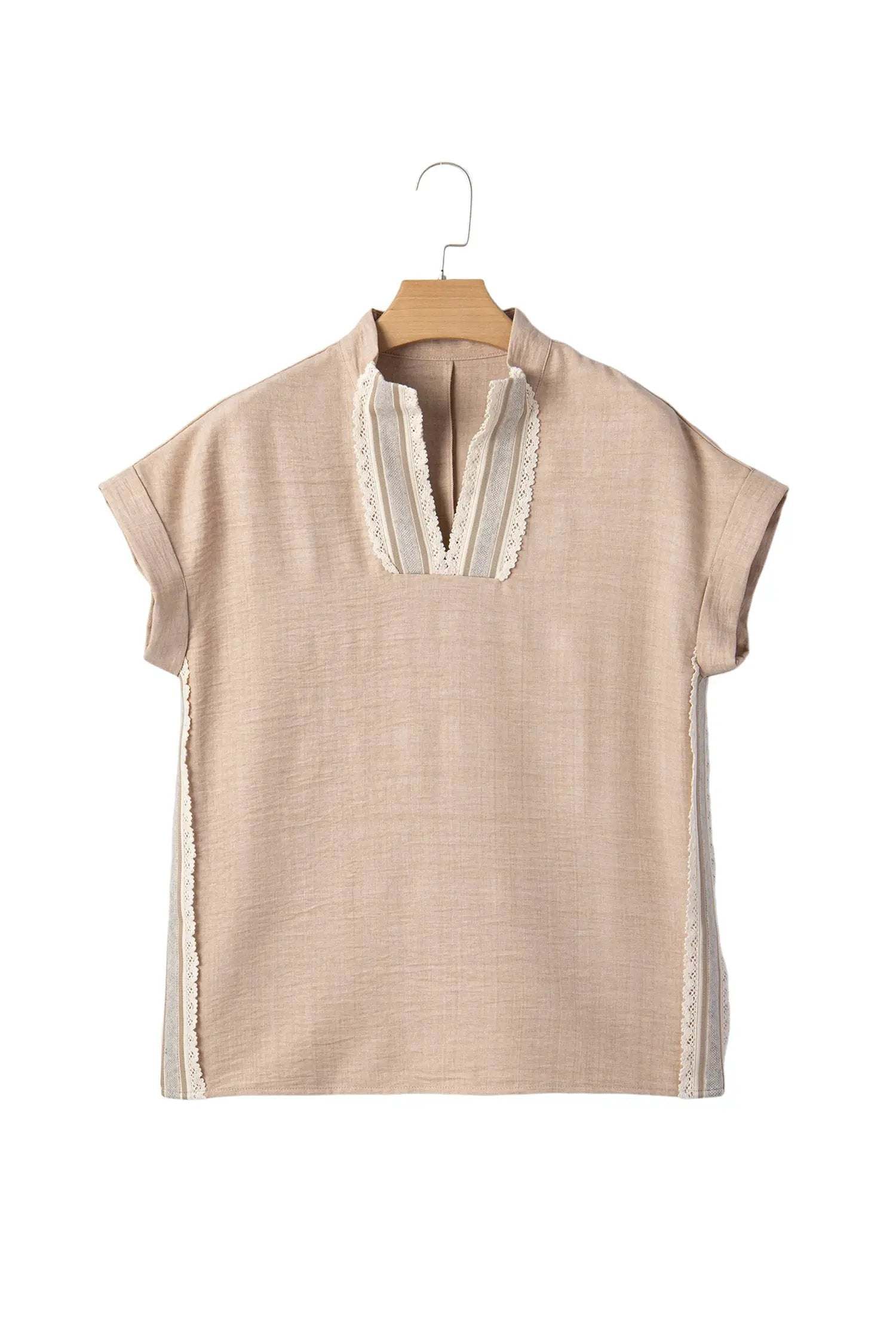 J&H Apparel Crochet Lace Accent Pullover Rolled Short Sleeve Blouse - Blouses Tops/Blouses & Shirts