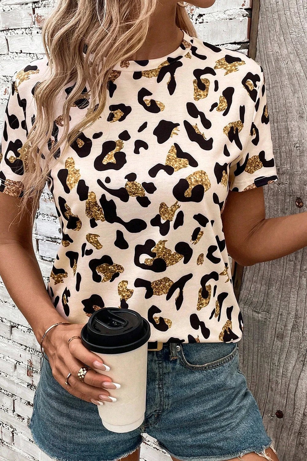 apricot leopard print round neck casual t shirt for women casual everyday outfit