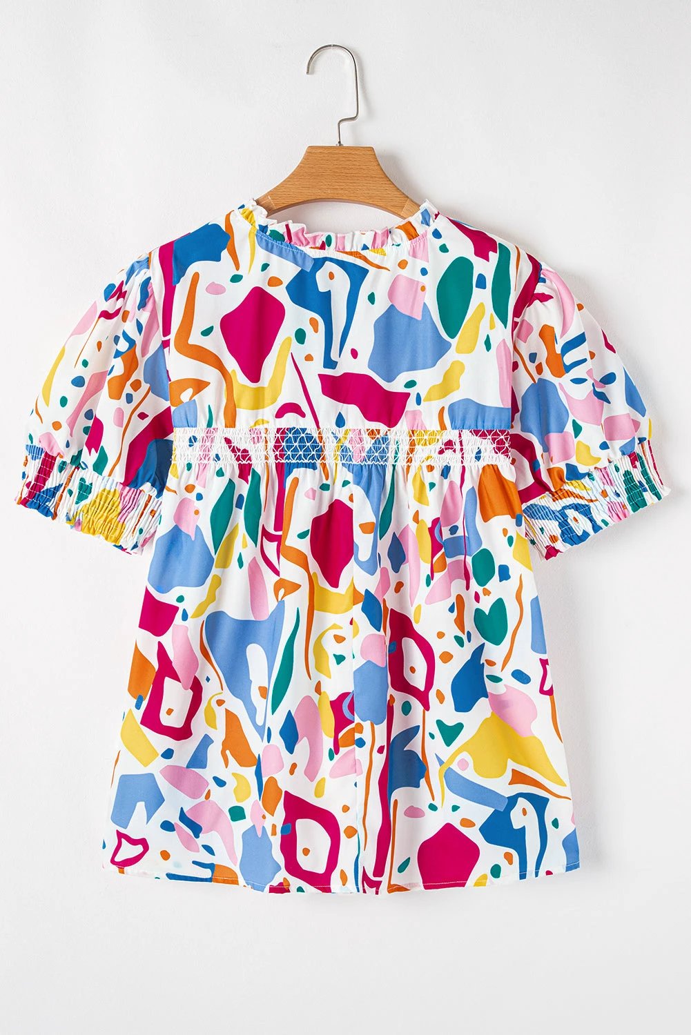 Dear-Lover Dropshipping White Abstract Print Shirred Cuff Puff Sleeve Plus Size Blouse - Plus Size/Plus Size Tops/Plus Size Blouses & Shirts