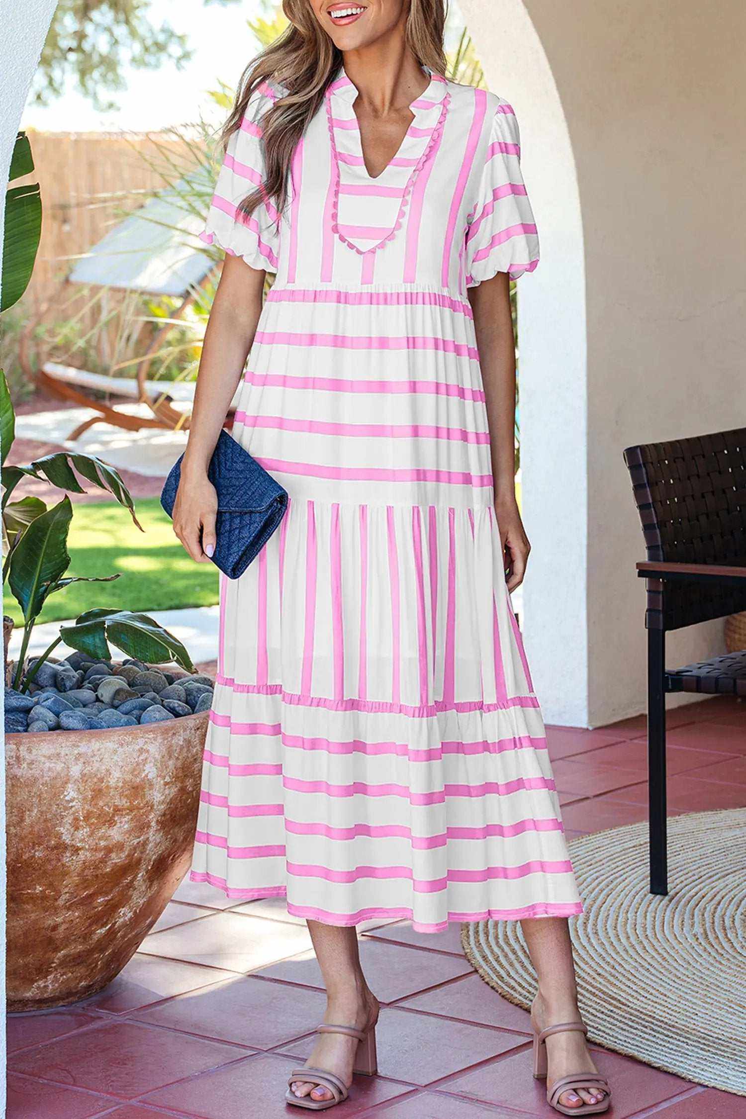 Stripe Ricrac Trim Maxi Dress with notched neck and half sleeves
