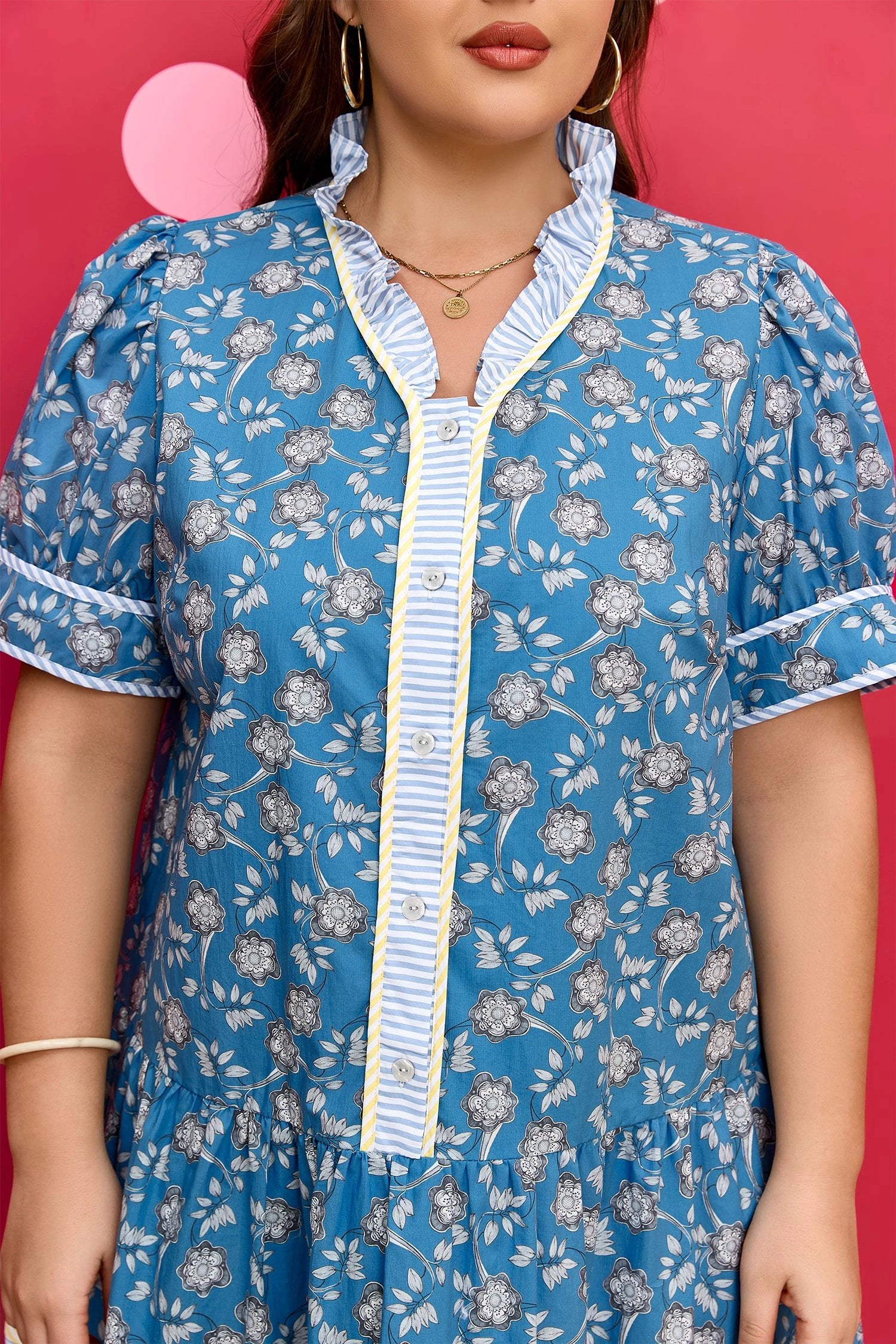 Dear-Lover Dropshipping Blue Plus Size Floral Print Striped Patchwork Detail Button Front Ruffle Hem Dress - Plus Size/Plus Size Dresses/Plus Size Mini Dresses