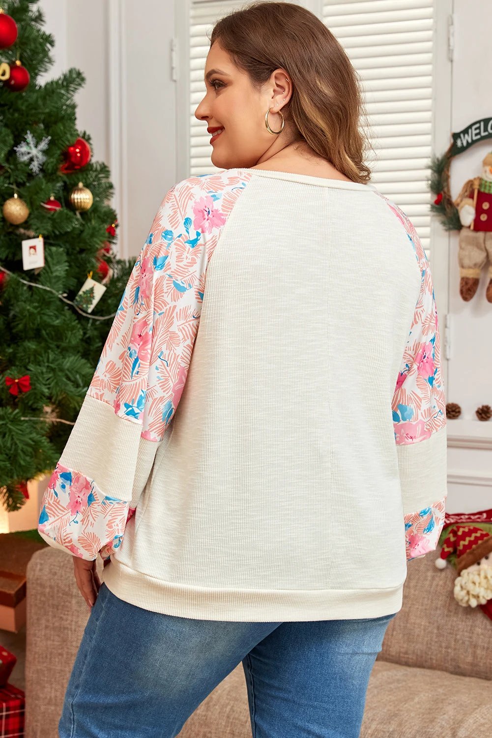 apricot plus size floral patchwork ribbed puff sleeve top for women casual everyday outfit