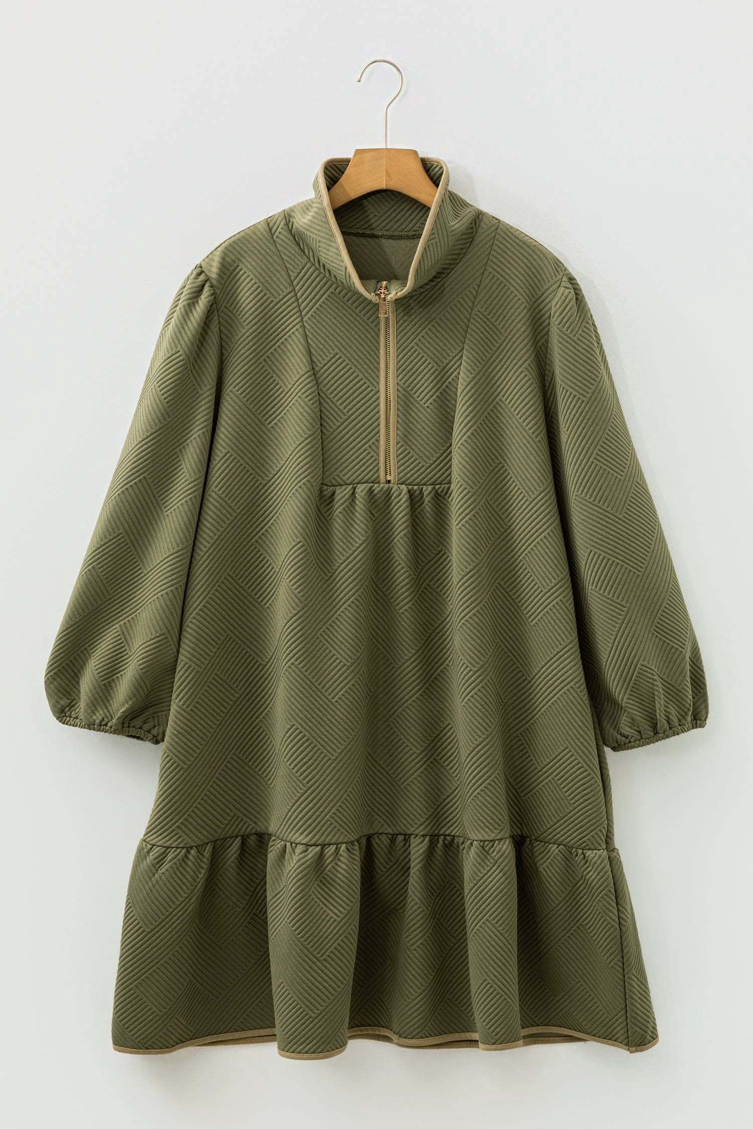 Dear-Lover Dropshipping Jungle Green Plus Size Textured Contrast Trim Quarter Zip Bracelet Sleeve Mini Dress - Plus Size/Plus Size Dresses