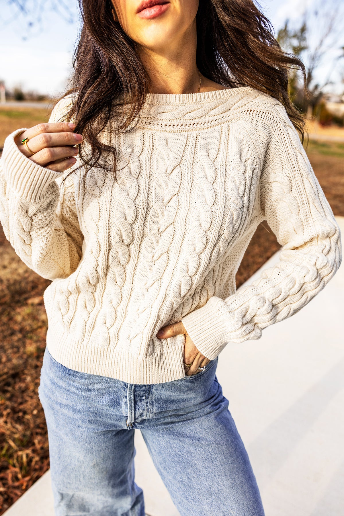Drop-Shoulder Round Neck Cable Knit Sweater