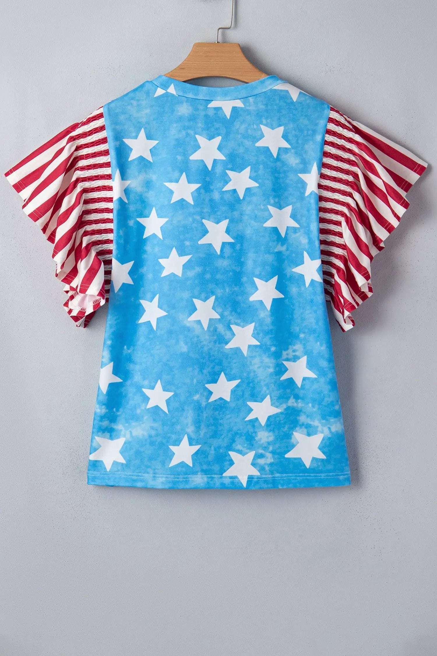 Patriotic Ruffle Sleeve Top with star print striped detail and ruffle sleeves