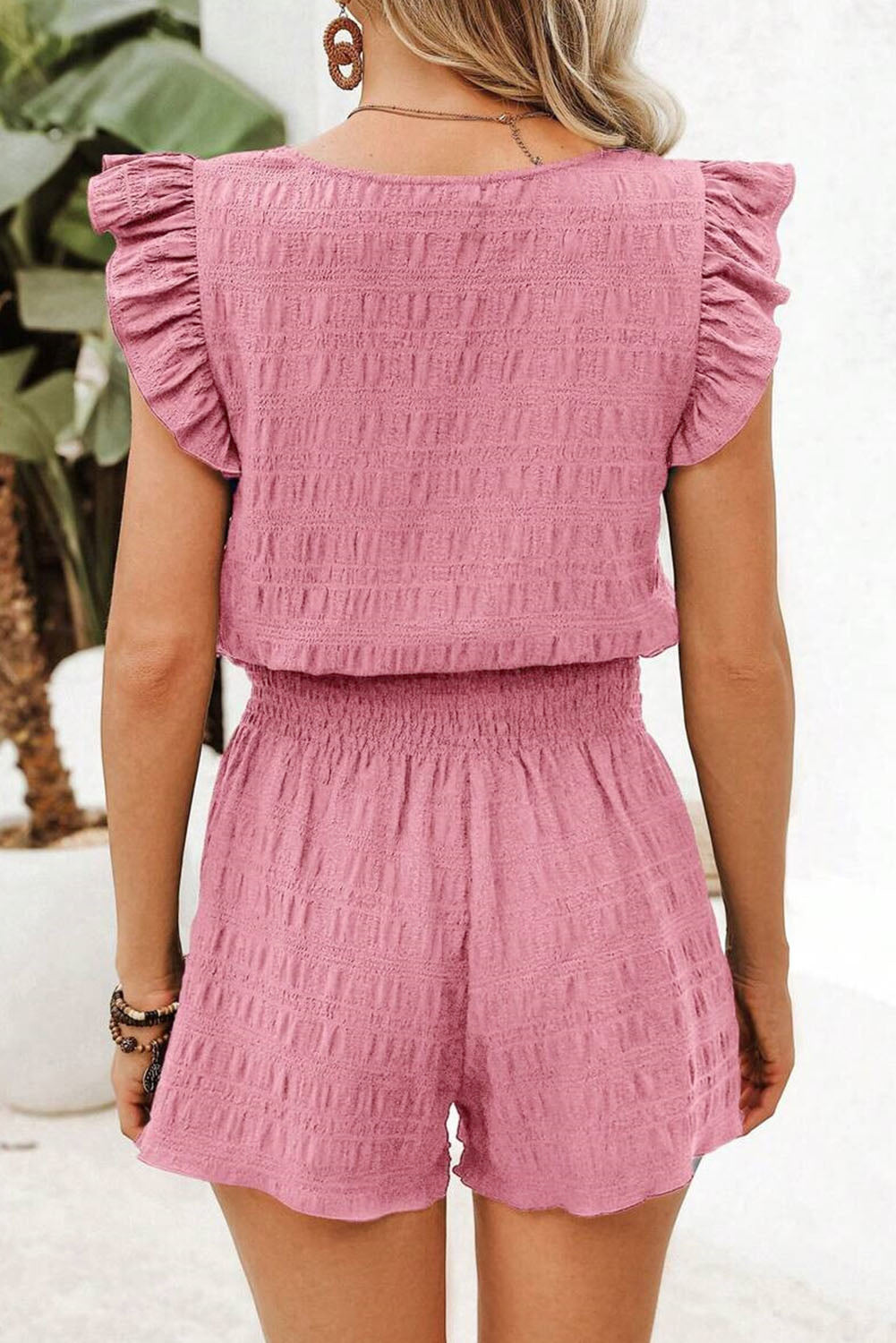 Dark Green Textured Square Neck Top and Shirred High Waist Shorts Set