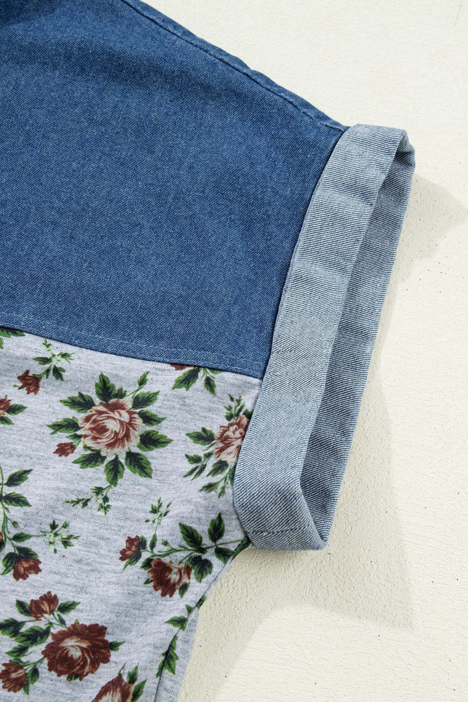 gray retro floral print denim patchwork buttoned polo collar top for women casual everyday outfit