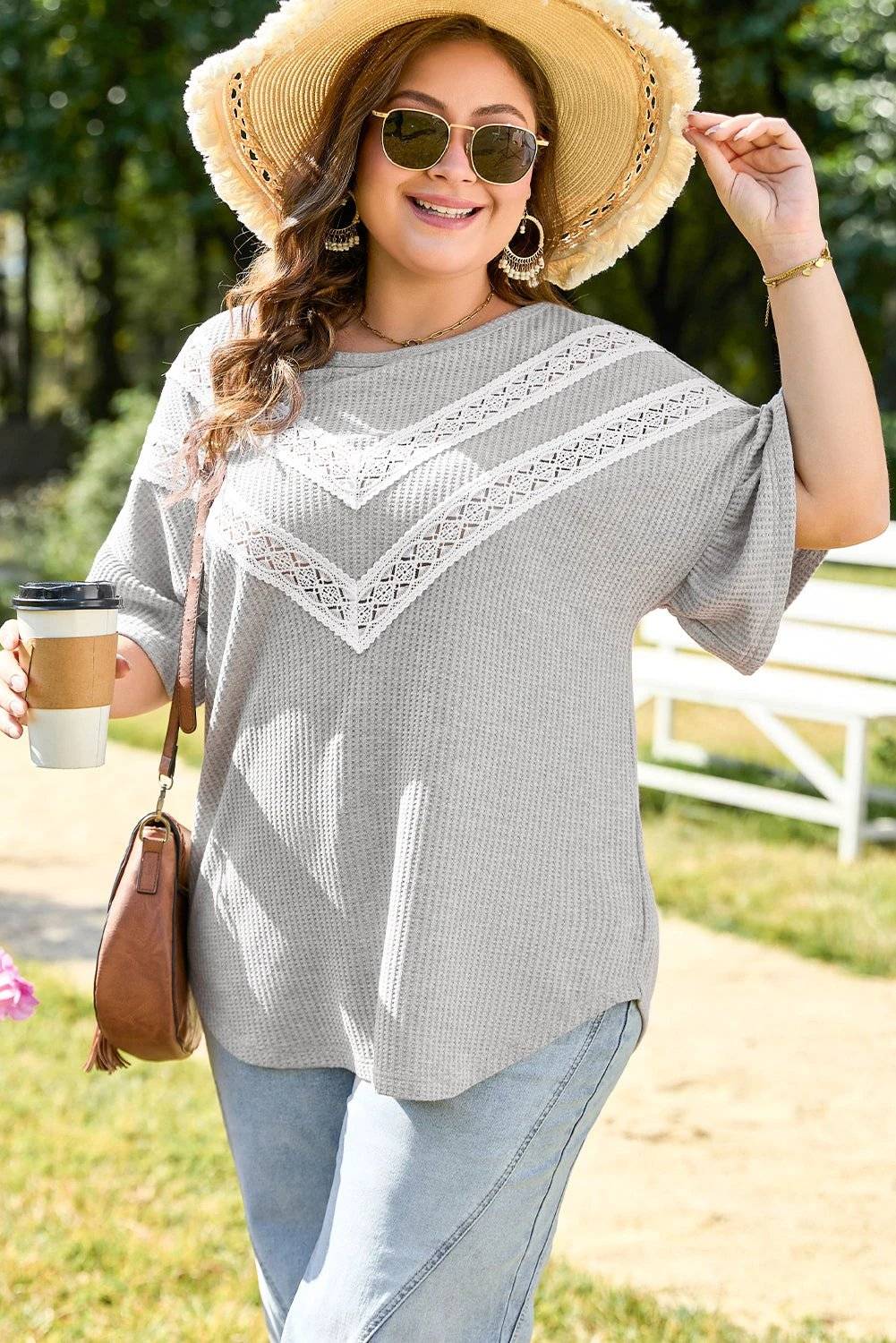 Plus size gray waffle knit top with lace insert and short sleeves