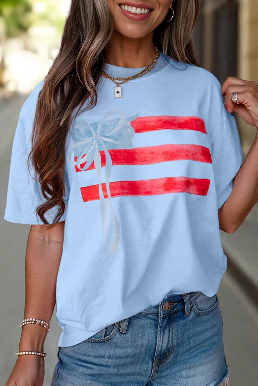 denim flag bow graphic crewneck tee for women casual everyday outfit