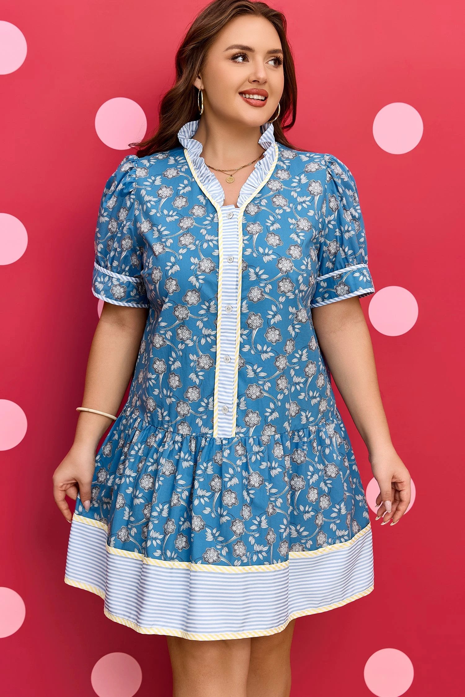 Dear-Lover Dropshipping Blue Plus Size Floral Print Striped Patchwork Detail Button Front Ruffle Hem Dress - Plus Size/Plus Size Dresses/Plus Size Mini Dresses