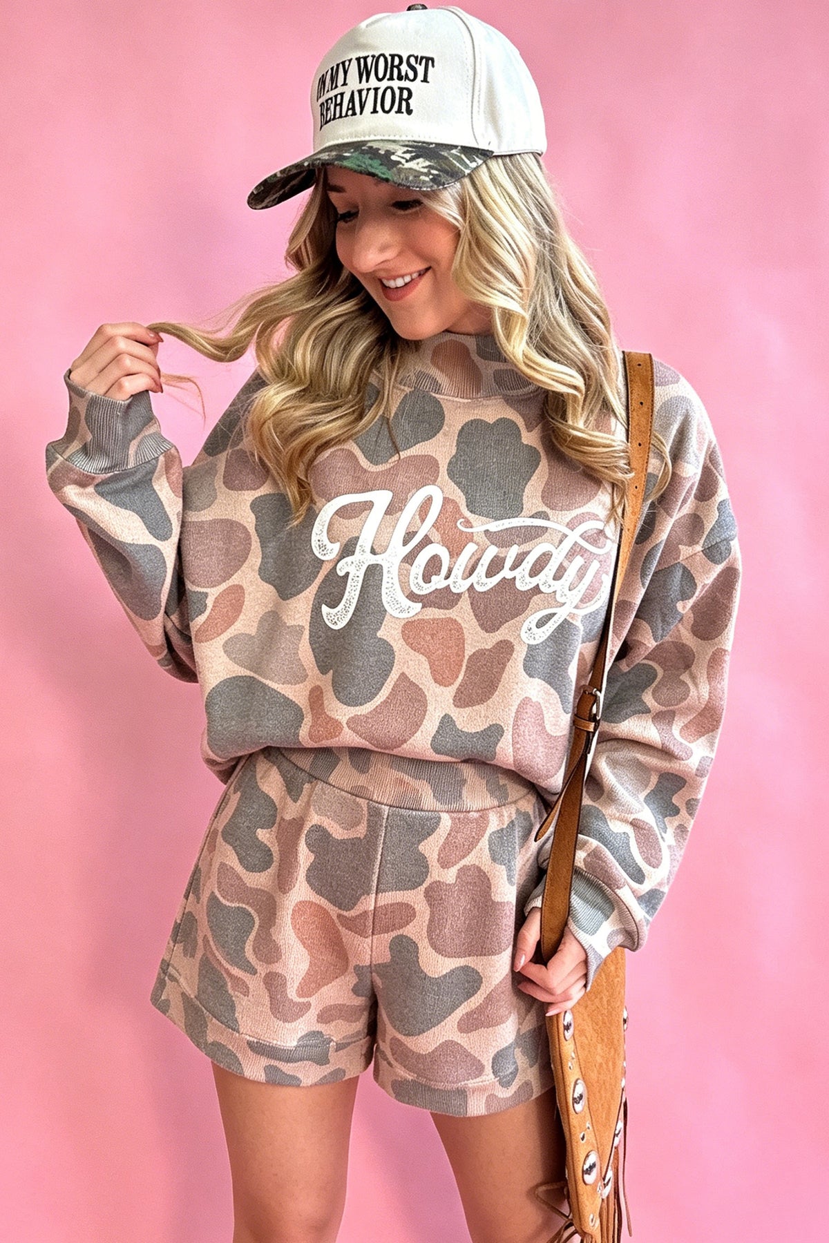 Howdy Camouflage High Neck Long Sleeve Top and Shorts Set