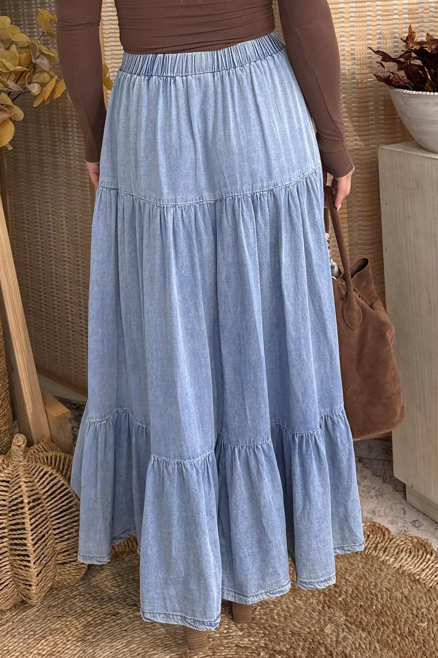 Dear-Lover Dropshipping Beau Blue Elastic Waist Ruffled Tiered Flared Denim Maxi Skirt - Bottoms/Skirts & Petticoat